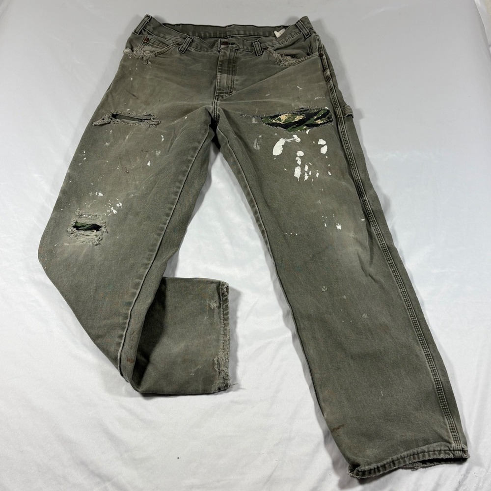 Dickies Carpenter Gray Jeans Mens 34x32 Distressed Paint Splatter Camo Grunge
